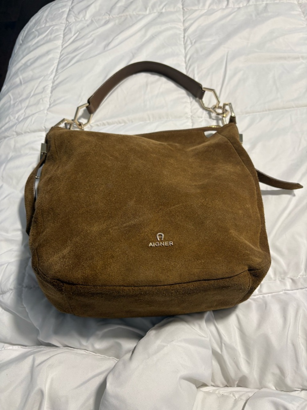 Etienne Aigner Brown Suede Shoulder Bag with Gold Hardware